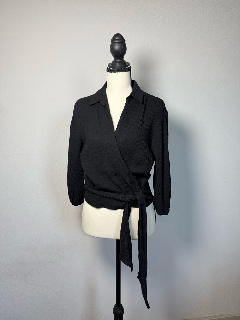 Black Tie-Waist Wrap Blouse with Collar - Picture 1 of 6